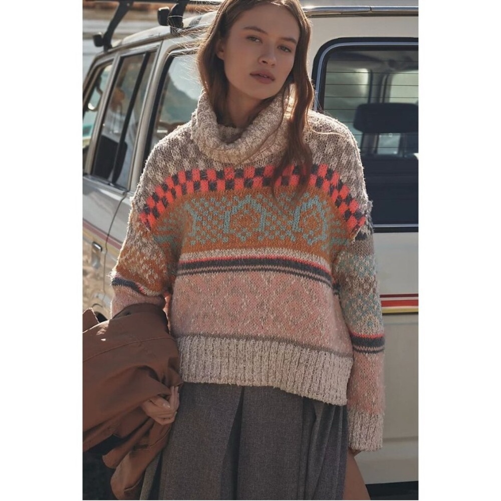 Pilcro Multicolor Fair Isle Cowl Neck Sweater - Pink, Tan, Orange, Blue